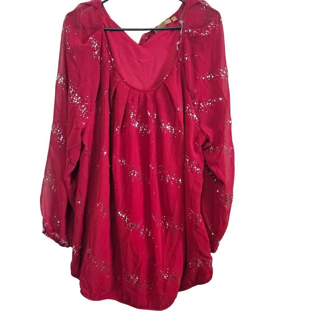 Valerie Stevens Woman Red Sequin Striped Chiffon Blouse Plus Size 2X Holiday Top